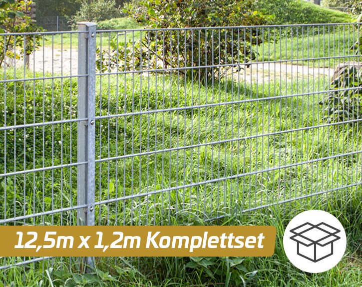 Deutsche Zauntechnik Doppelstabmattenzaun Komplettset MORITZ - Metallzaun / Vorgartenzaun - silber - 12,5 x 1,2 m