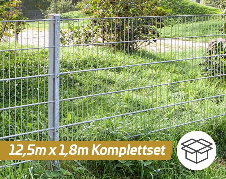 Deutsche Zauntechnik Doppelstabmattenzaun Komplettset MORITZ - Metallzaun - silber - 12,5 x 1,8 m