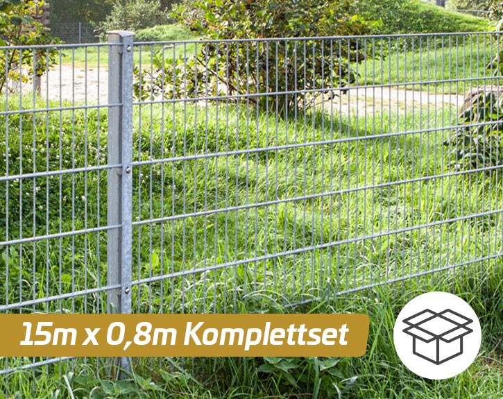 Deutsche Zauntechnik Doppelstabmattenzaun Komplettset MORITZ - Metallzaun / Vorgartenzaun - silber - 15 x 0,8 m