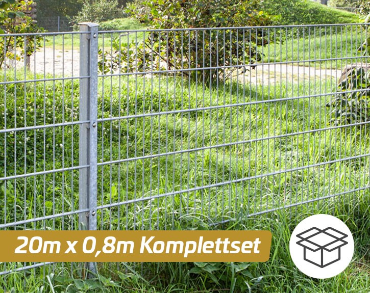 Deutsche Zauntechnik Doppelstabmattenzaun Komplettset MORITZ - Metallzaun / Vorgartenzaun - silber - 20 x 0,8 m