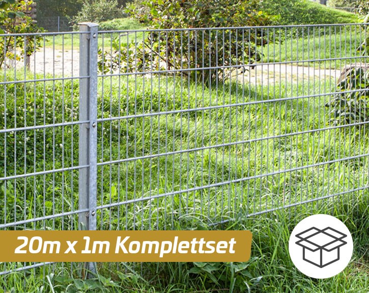 Deutsche Zauntechnik Doppelstabmattenzaun Komplettset MORITZ - Metallzaun / Vorgartenzaun - silber - 20 x 1 m