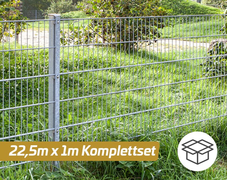 Deutsche Zauntechnik Doppelstabmattenzaun Komplettset MORITZ - Metallzaun / Vorgartenzaun - silber - 22,5 x 1 m