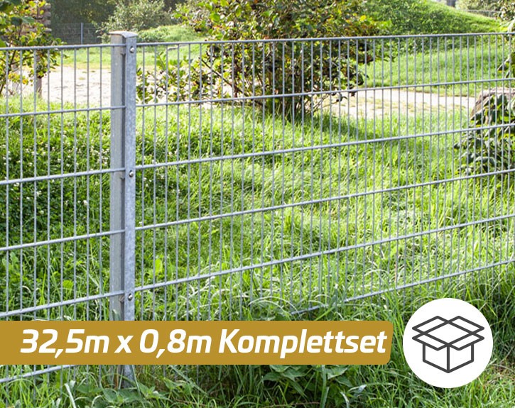 Deutsche Zauntechnik Doppelstabmattenzaun Komplettset MORITZ - Metallzaun / Vorgartenzaun - silber - 32,5 x 0,8 m