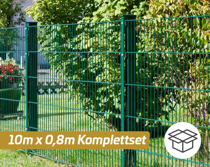Deutsche Zauntechnik Doppelstabmattenzaun Komplettset MORITZ S - Metallzaun / Vorgartenzaun - moosgrün - 10 x 0,8 m