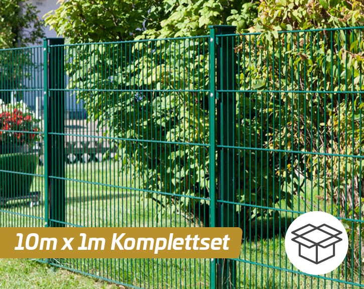 Deutsche Zauntechnik Doppelstabmattenzaun Komplettset MORITZ S - Metallzaun / Vorgartenzaun - moosgrün - 10 x 1 m