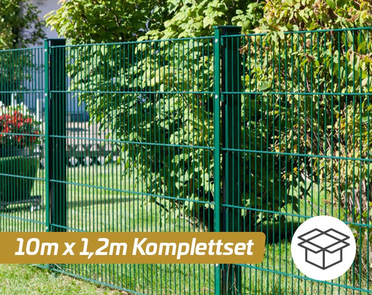 Deutsche Zauntechnik Doppelstabmattenzaun Komplettset MORITZ S - Metallzaun / Vorgartenzaun - moosgrün - 10 x 1,2 m