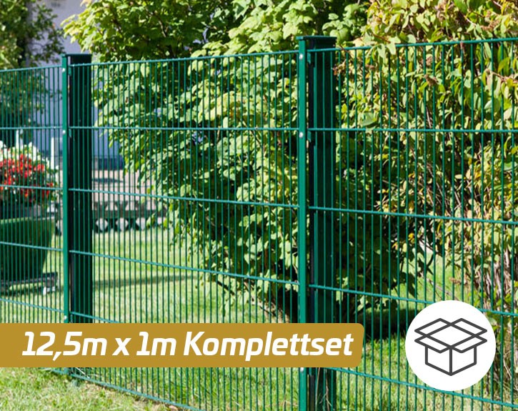 Deutsche Zauntechnik Doppelstabmattenzaun Komplettset MORITZ S - Metallzaun / Vorgartenzaun - moosgrün - 12,5 x 1 m