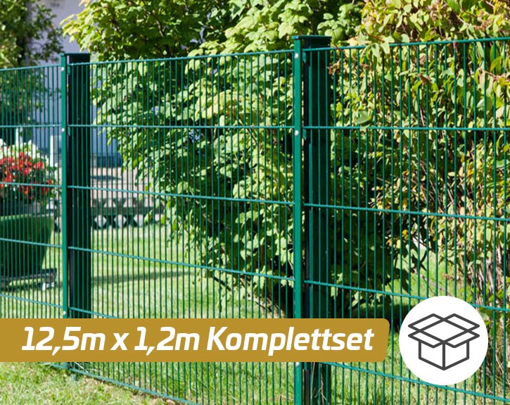 Deutsche Zauntechnik Doppelstabmattenzaun Komplettset MORITZ S - Metallzaun / Vorgartenzaun - moosgrün - 12,5 x 1,2 m
