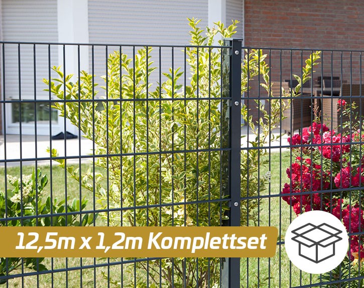 Deutsche Zauntechnik Doppelstabmattenzaun Komplettset MORITZ S - Metallzaun / Vorgartenzaun - anthrazit - 12,5 x 1,2 m