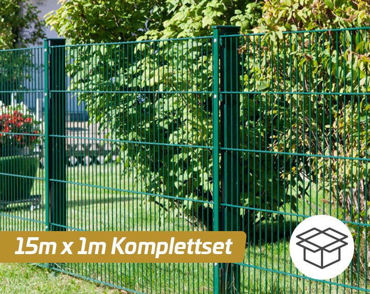 Deutsche Zauntechnik Doppelstabmattenzaun Komplettset MORITZ S - Metallzaun / Vorgartenzaun - mossgrün - 15 x 1 m