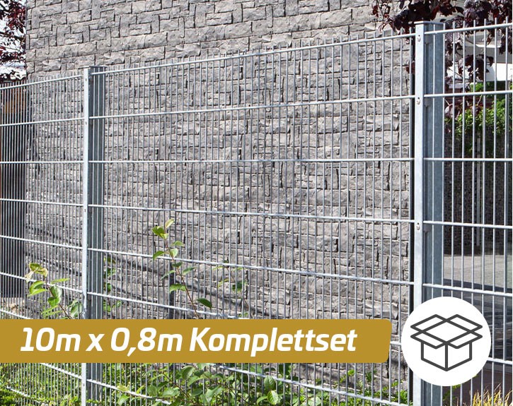 Deutsche Zauntechnik Doppelstabmattenzaun Komplettset MAX - Metallzaun / Vorgartenzaun - silber - 10 x 0,8 m