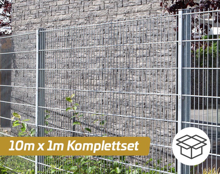 Deutsche Zauntechnik Doppelstabmattenzaun Komplettset MAX - Metallzaun / Vorgartenzaun - silber - 10 x 1 m