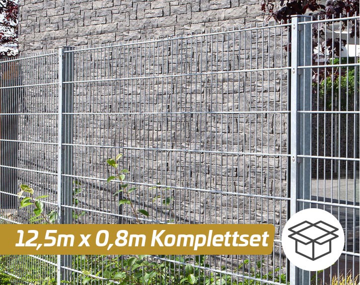 Deutsche Zauntechnik Doppelstabmattenzaun Komplettset MAX - Metallzaun / Vorgartenzaun - silber - 12,5 x 0,8 m