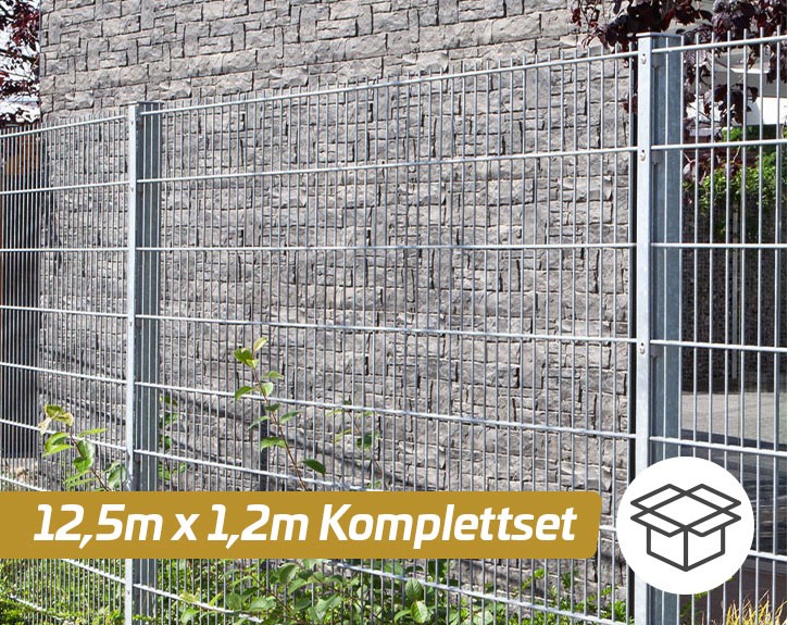 Deutsche Zauntechnik Doppelstabmattenzaun Komplettset MAX - Metallzaun / Vorgartenzaun - silber - 12,5 x 1,2 m