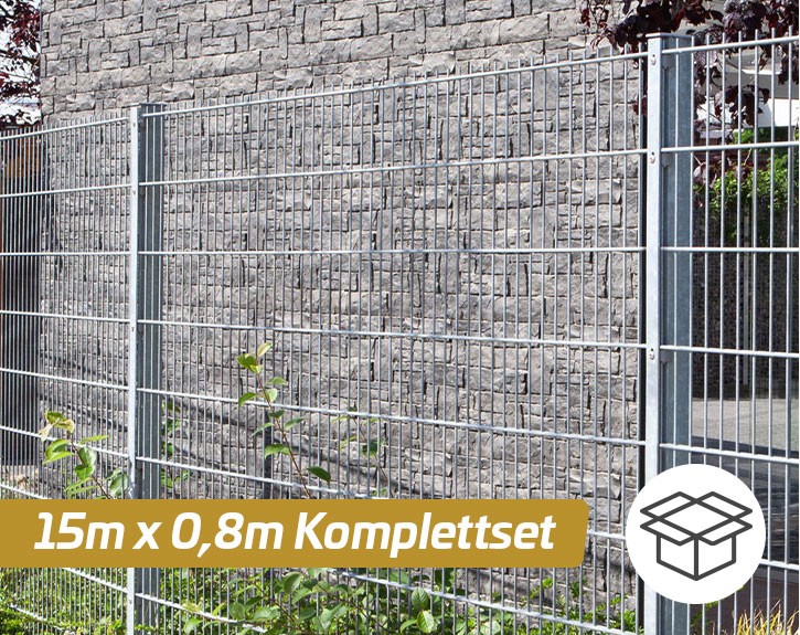 Deutsche Zauntechnik Doppelstabmattenzaun Komplettset MAX - Metallzaun / Vorgartenzaun - silber - 15 x 0,8 m