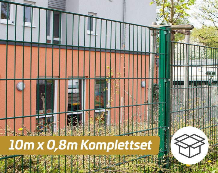Deutsche Zauntechnik Doppelstabmattenzaun Komplettset MAX S - Metallzaun / Vorgartenzaun - moosgrün - 10 x 0,8 m