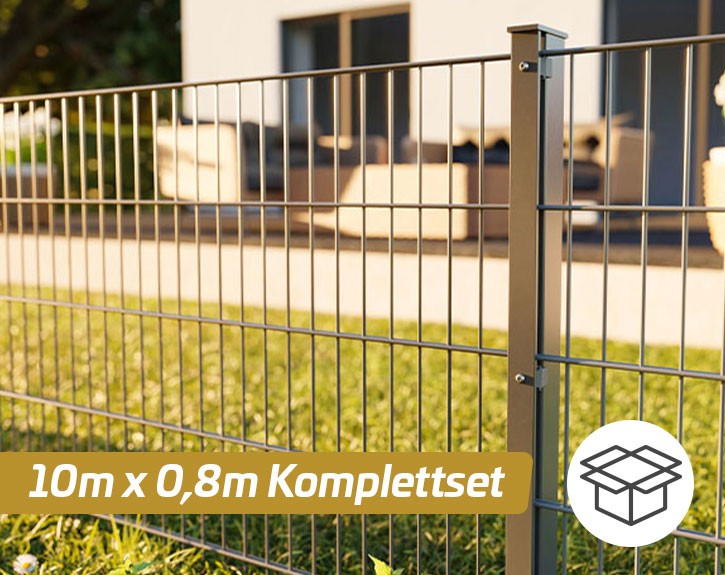 Deutsche Zauntechnik Doppelstabmattenzaun Komplettset MAX S - Metallzaun / Vorgartenzaun - anthrazit - 10 x 0,8 m