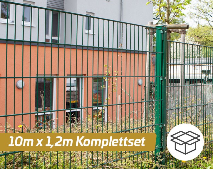 Deutsche Zauntechnik Doppelstabmattenzaun Komplettset MAX S - Metallzaun / Vorgartenzaun - moosgrün - 10 x 1,2 m