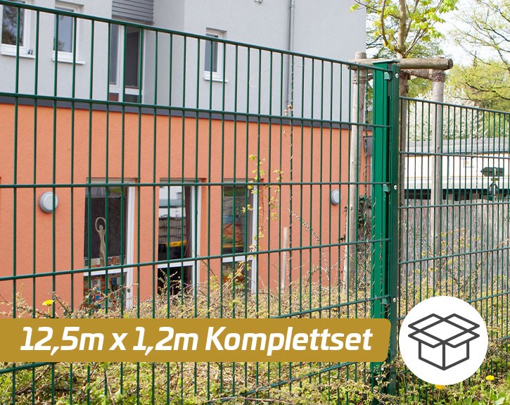 Deutsche Zauntechnik Doppelstabmattenzaun Komplettset MAX S - Metallzaun / Vorgartenzaun - moosgrün - 12,5 x 1,2 m