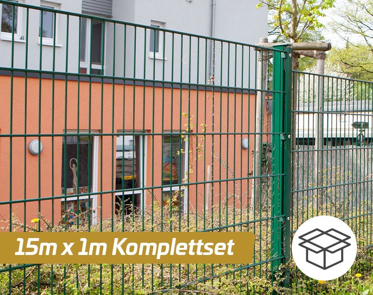 Deutsche Zauntechnik Doppelstabmattenzaun Komplettset MAX S - Metallzaun / Vorgartenzaun - moosgrün - 15 x 1 m