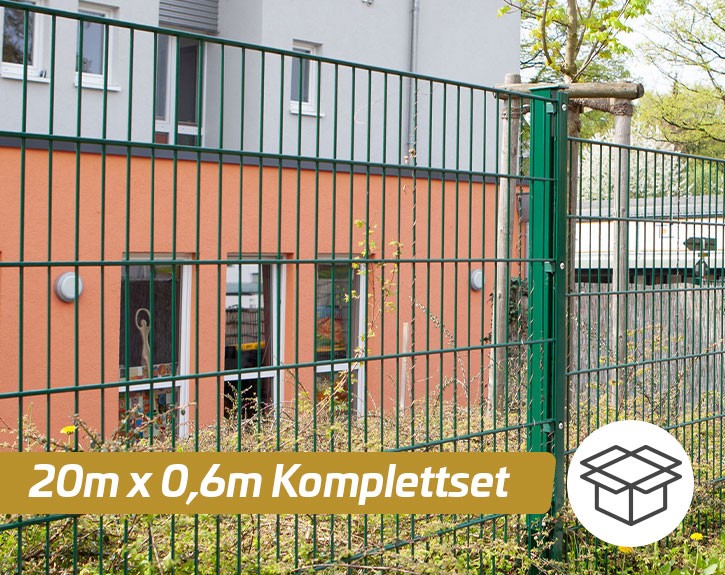 Deutsche Zauntechnik Doppelstabmattenzaun Komplettset MAX S - Metallzaun / Vorgartenzaun - moosgrün - 20 x 0,8 m