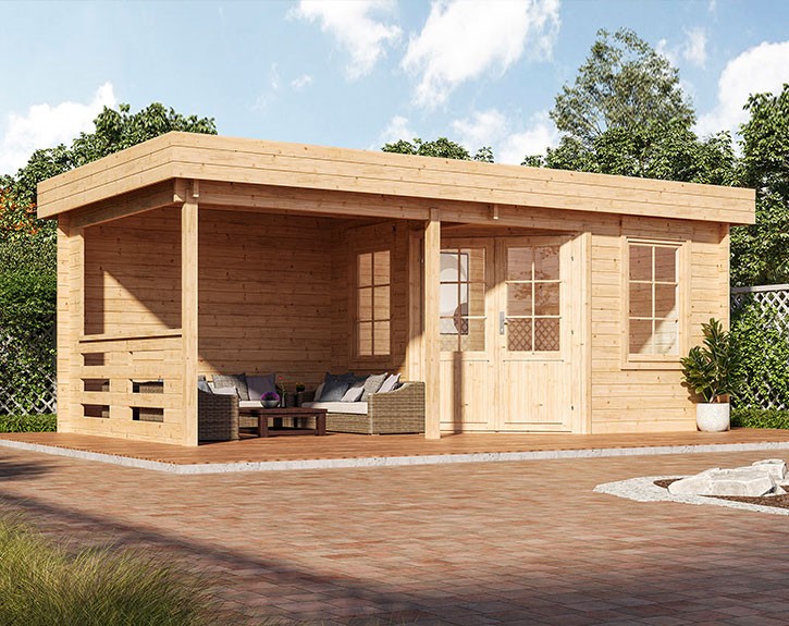 Finnhaus Wolff Holz-Gartenhaus Gleda 5628 40 + Fußboden + 2,7m Anbaudach + Rückwand - 40mm Blockbohlenhaus - 5-Eck-Gartenhaus - Flachdach - natur