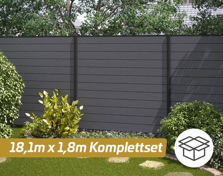 TraumGarten Sichtschutzzaun Komplettset SYSTEM WPC CLASSIC Anthrazit/Anthrazit - WPC-Zaun - zum Erdverbau - 1,8 x 18,1 m
