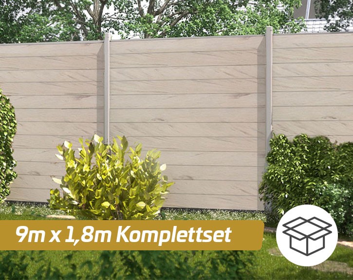 TraumGarten Sichtschutzzaun Komplettset SYSTEM WPC CLASSIC Sand/Silber - WPC-Zaun - zum Erdverbau - 1,8 x 9 m