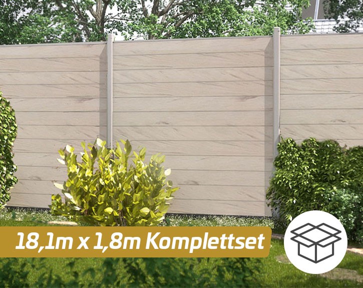 TraumGarten Sichtschutzzaun Komplettset SYSTEM WPC CLASSIC Sand/Silber - WPC-Zaun - zum Erdverbau - 1,8 x 18,1 m