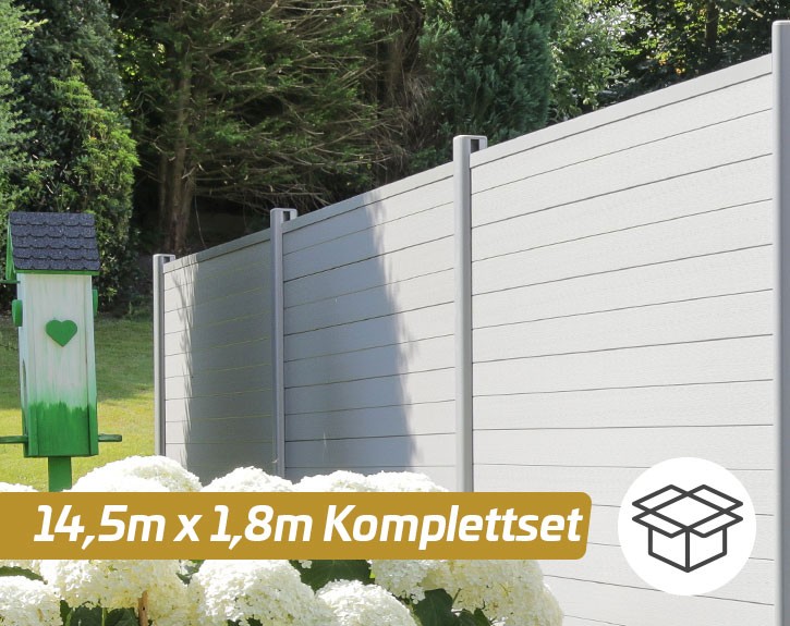 TraumGarten Sichtschutzzaun Komplettset SYSTEM WPC CLASSIC Grau/Silber - WPC-Zaun - zum Aufschrauben - 1,8 x 14,5 m