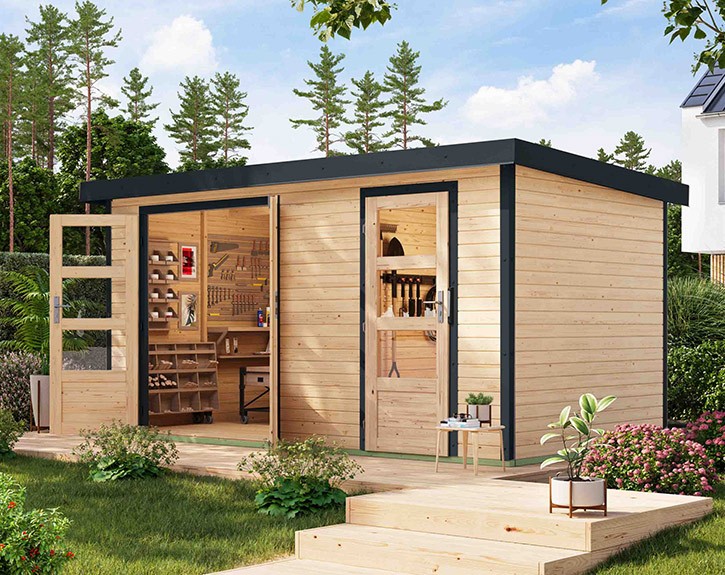 Karibu Hybrid-Gartenhaus Merkur A - 19mm Elementhaus - 2-Raum-Gartenhaus - Pultdach - natur/anthrazit
