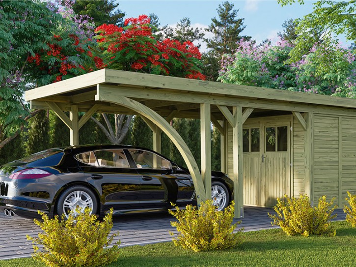 Karibu Einzelcarport Classic 2B + Einfahrtsbogen - Holz-Carport - 11,5cm Pfosten - PVC-Dach