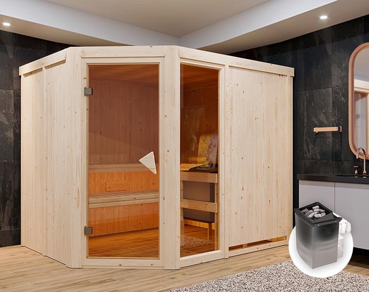 Karibu Innensauna Fiona 3 + Fenster + 9kW Saunaofen + integrierte Steuerung - 68mm Elementsauna - Ganzglastür bronziert - Ecksauna