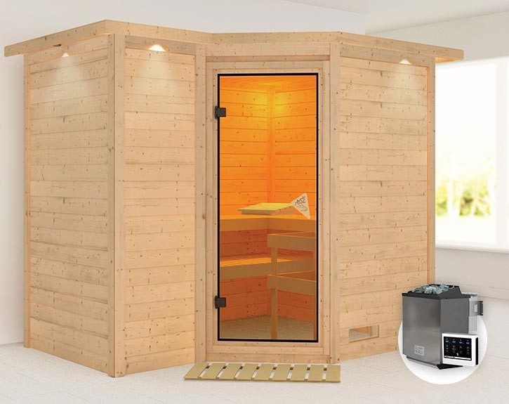 Karibu Innensauna Sahib 2 + Comfort-Ausstattung + Dachkranz + 9kW Bio-Kombiofen + externe Steuerung Easy bio - 38mm Blockbohlensauna - Ganzglastür bronziert - Ecksauna