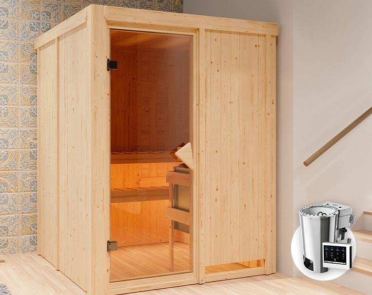 Karibu Innensauna Minja + 3,6kW Plug&Play Bio-Kombiofen + externe Steuerung Easy Bio - 68mm Elementsauna - Ganzglastür bronziert - 230V Sauna