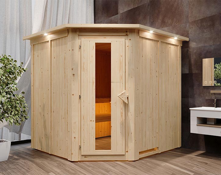 Karibu Innensauna Jarin + Dachkranz - 68mm Elementsauna - Energiespartür - Ecksauna