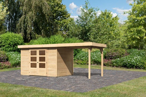 Karibu Holz-Gartenhaus Askola 4 + 2,4m Anbaudach - 19mm Elementhaus - Flachdach - natur