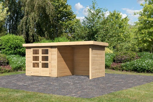 Karibu Holz-Gartenhaus Askola 3 + 2,4 m Anbaudach + Seiten + Rückwand - 19mm Elementhaus - Flachdach - natur