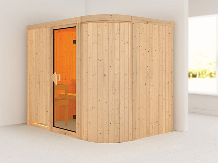 Karibu Innensauna Titania 4 + abgerundete Ecke - 68mm Elementsauna - Ganzglastür bronziert