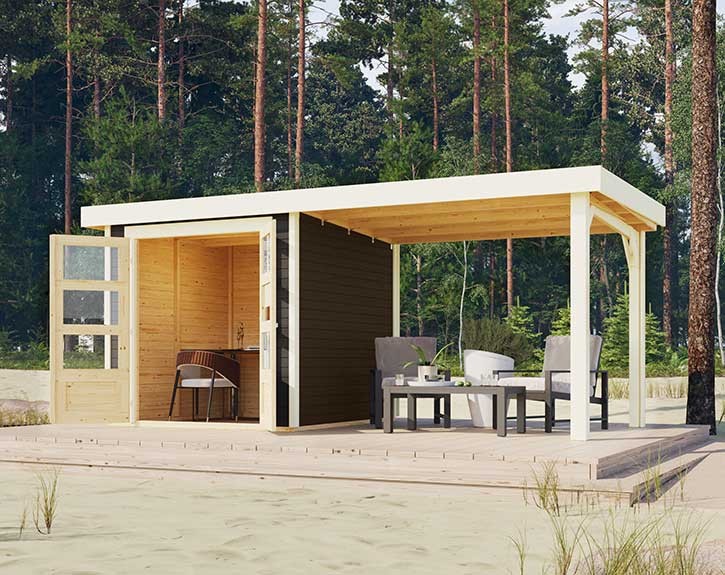 Karibu Holz-Gartenhaus Askola 2 + 2,8m Anbaudach - 19mm Elementhaus - Flachdach - terragrau