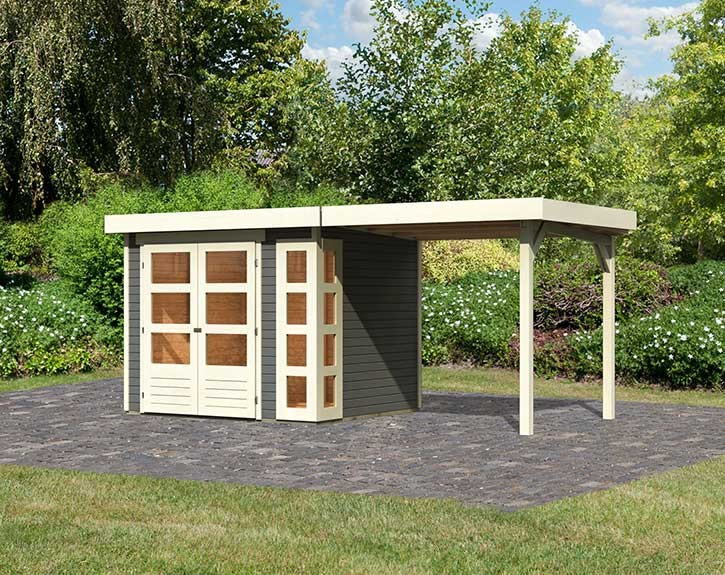 Karibu Holz-Gartenhaus Kerko 3 + 2,4m Anbaudach - 19mm Elementhaus - Geräteschuppen - Flachdach - terragrau