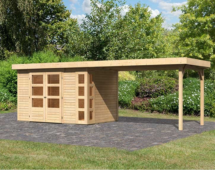 Karibu Holz-Gartenhaus Kerko 4 + 2,8m Anbaudach - 19mm Elementhaus - Flachdach - natur
