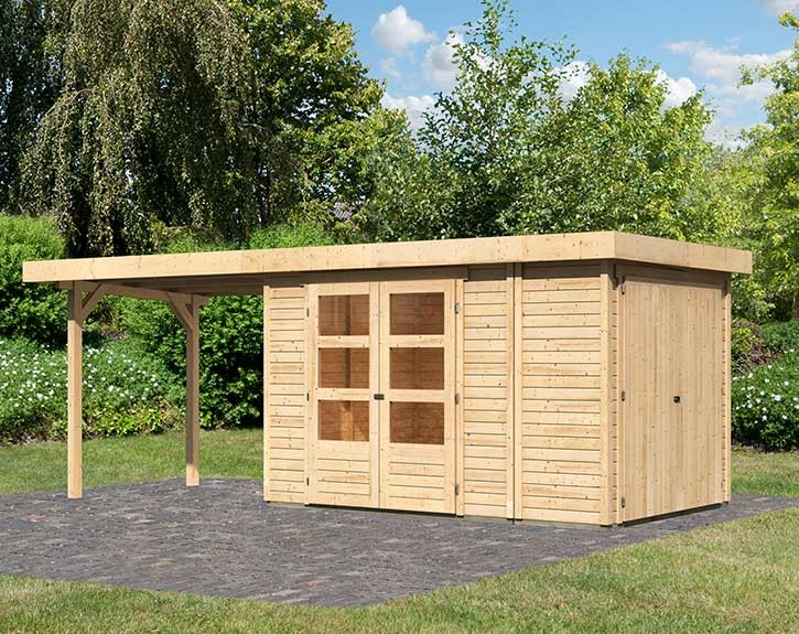 Karibu Holz-Gartenhaus Retola 3 + Anbauschrank + 2,8m Anbaudach - 19mm Elementhaus - Flachdach - natur
