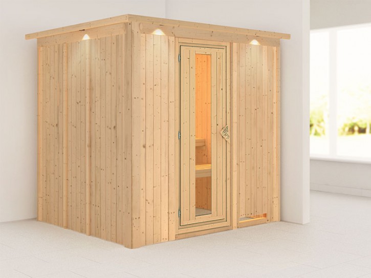Karibu Innensauna Daria + Dachkranz - 68mm Systemsauna - Energiespartür - Energiesparsauna