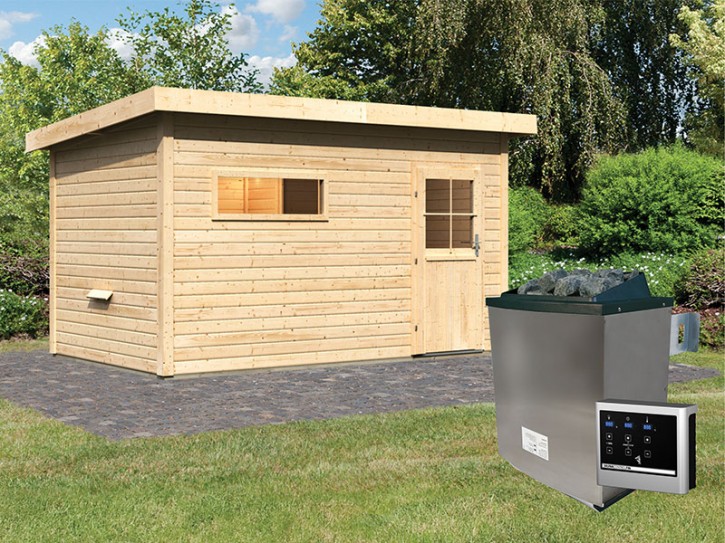 Karibu Gartensauna Suva 3 + Vorraum + 9kW Saunaofen + externe Steuerung - 38mm Saunahaus - Pultdach - natur