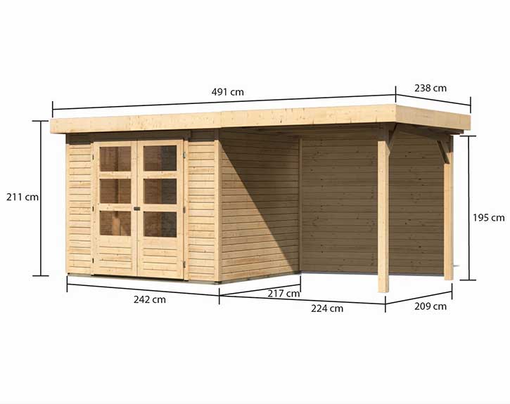 Karibu Holz-Gartenhaus Askola 3 + 2,4m Anbaudach + Rückwand - 19mm  Elementhaus - Flachdach - natur