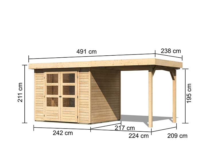 Karibu Holz-Gartenhaus Askola 3 Flachdach - + + Anbaudach 2,4m Lamellenwände natur - - Elementhaus 19mm