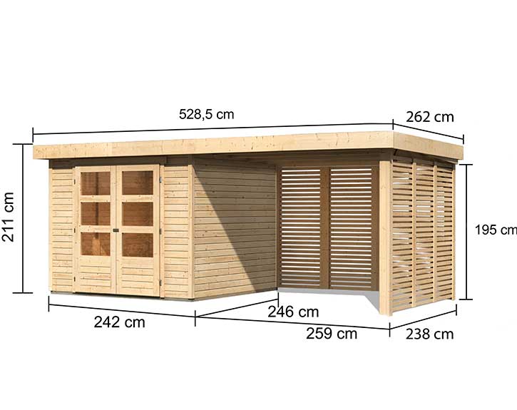 Karibu Holz-Gartenhaus Askola 5 + 2,8m Anbaudach + Lamellenwände - 19mm  Elementhaus - Flachdach - natur