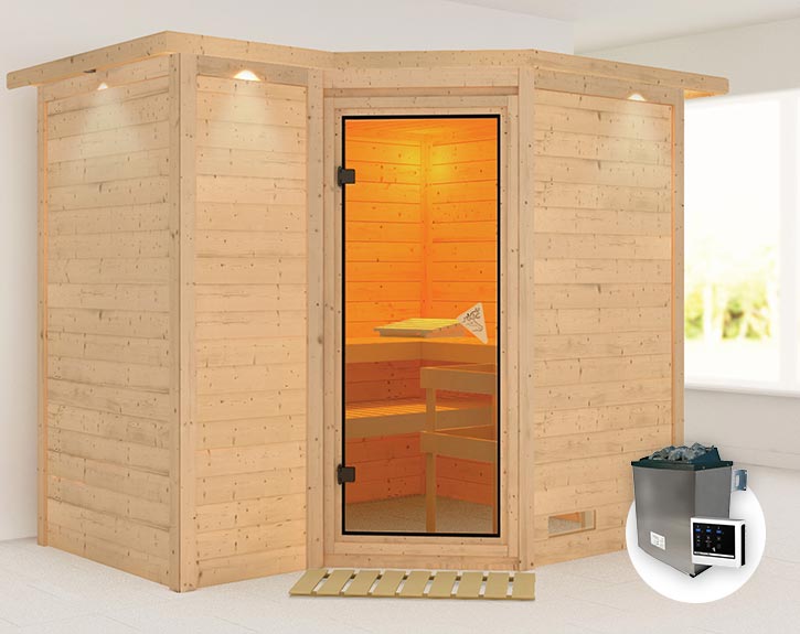 Karibu Innensauna Sahib 2 + Comfort-Ausstattung + Dachkranz + 9kW Saunaofen  + externe Steuerung Easy -