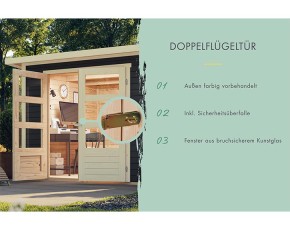 Karibu Holz-Gartenhaus Askola 4 + 2,4m Anbaudach + Seiten + Rückwand - 19mm Elementhaus - Flachdach - terragrau